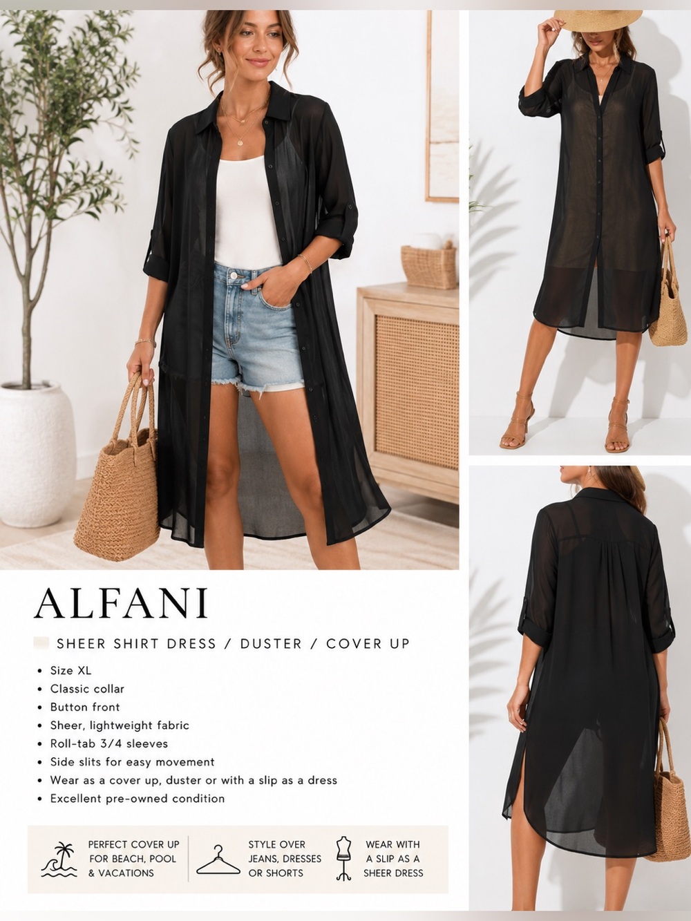 Alfani Black Sheer Shirt Dress Duster Cover Up XL Button Front Lightweight